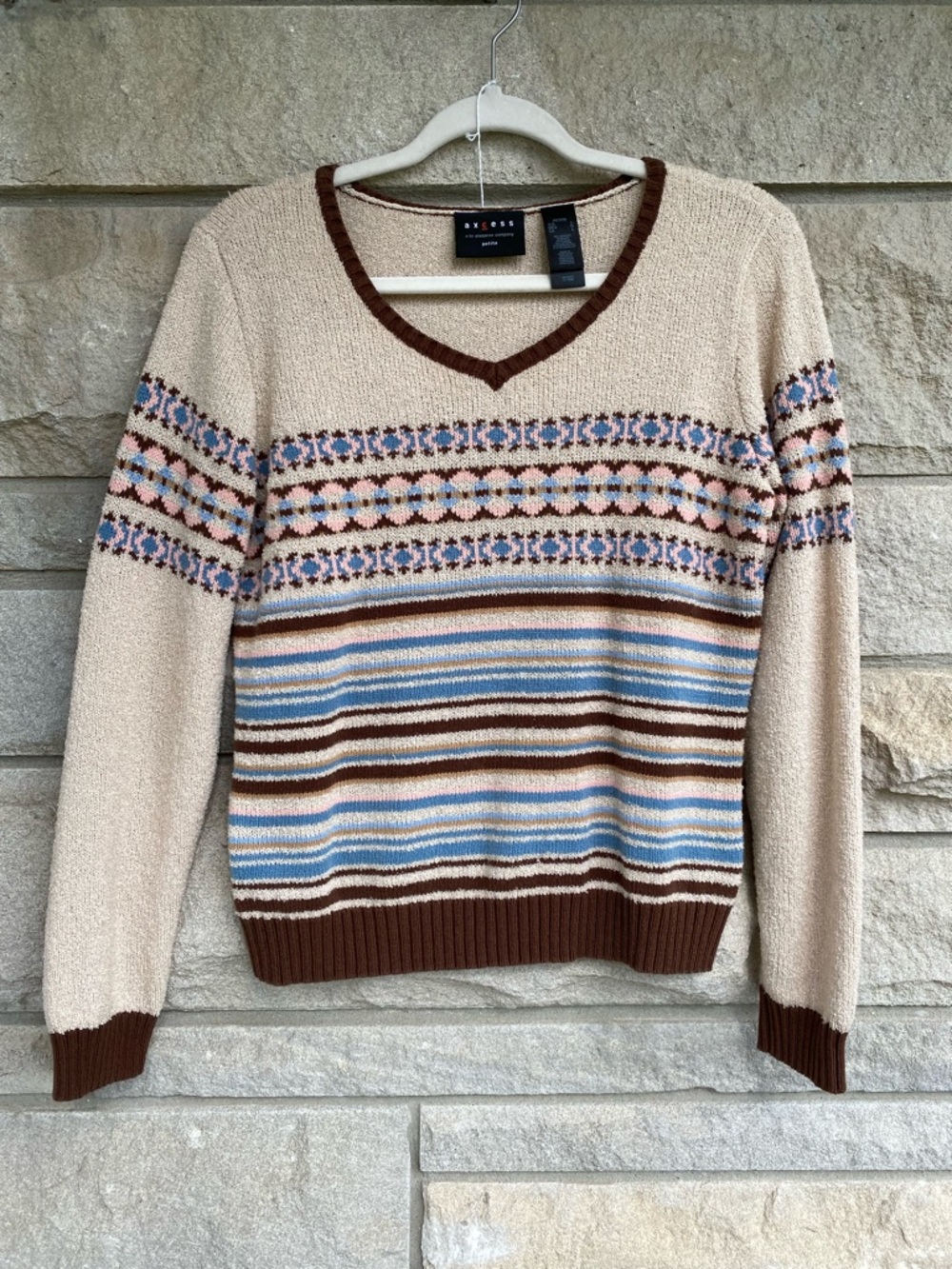 Y2K Striped Multicolor Cottage Cabin Grandpa Academia Folk Chic V-Neck Sweater L